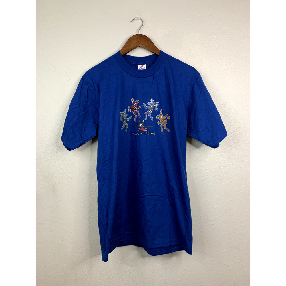 Vintage Yellowstone Shirt Dancing Moose Blue Tee Jerzees VTG 1997 90s Large